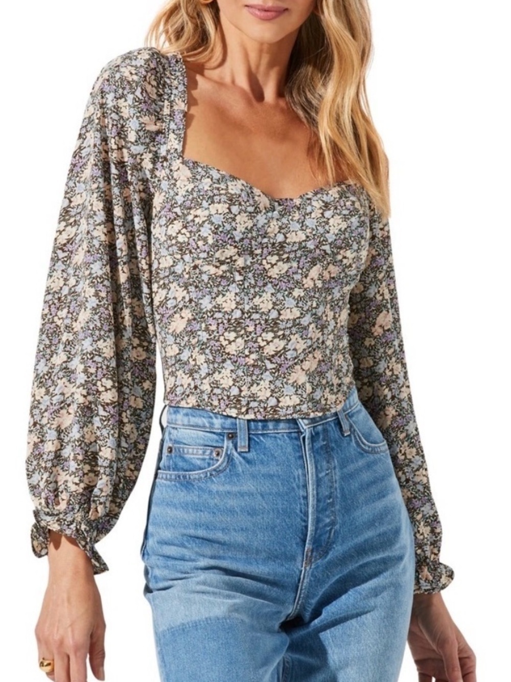 ASTR The Label Floral Print Cropped Corset Top L Smocked Back Puff Shoulders